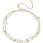 KECHO 14K Gold Freshwater Pearl/Turquoise/Moonstone/Larimar Bracelet Anklet 14K Solid Gold Cultured Pearl Jewelry Anniversary Birthday Gifts for Women