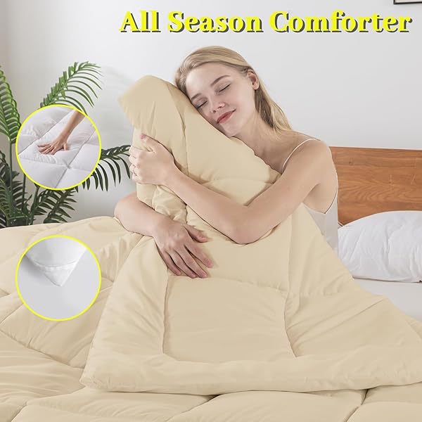 BEDTREAT DOWN ALTERNATIVE COMFORTER FULL DUVET INSERT WITH CORNER TABS, ALL SEASON QUILTED BED COMFORTER BOX-STITCHED FULL COMFORTER BEIGE，MACHINE WASHABLE MICROFIBER BEDDING