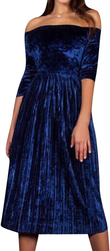 hibote Women's Velvet Dress, Winter Warm Off-Shoulder Long Stretchy Party Dress Size S-XL