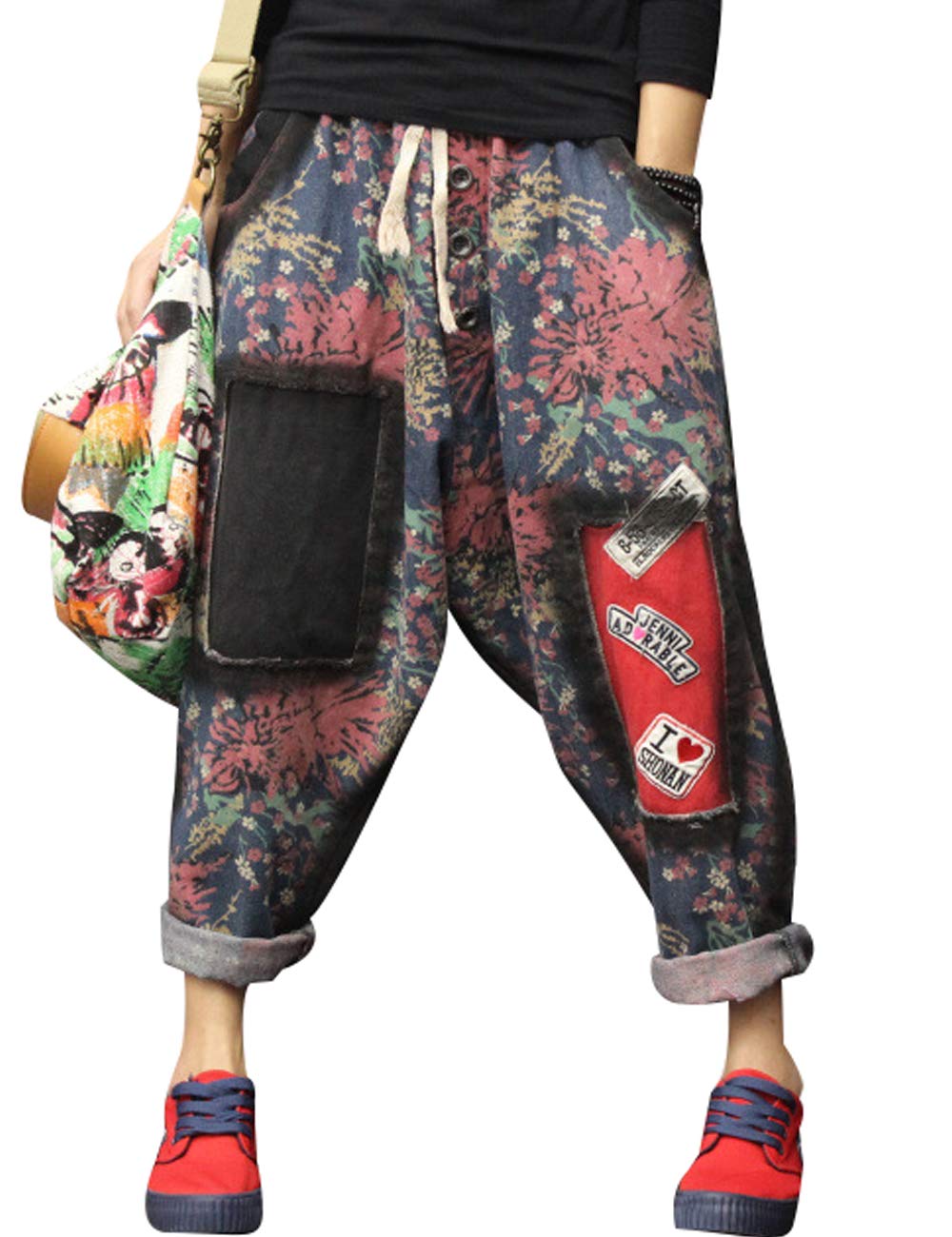 Youlee Women's Elastic Waist Harem Pants Cotton Jeans Style 1