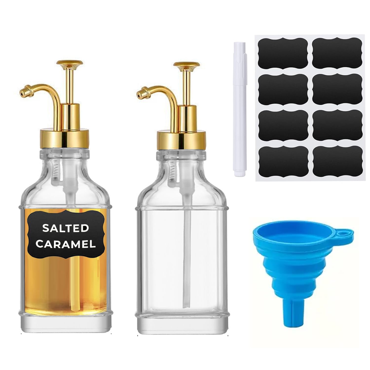 Ompinda 2 Pcs 500ML Square Glass Coffee Syrup Pump Dispenser Coffee Bar Accessories for Coffee,Vanilla, Caramel, Honey