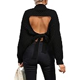 GORGLITTER Women's Bow Open Back Sweater Top Trendy Long Sleeve Backless Drop Shoulder Mock Neck Cable Knit Sweaters