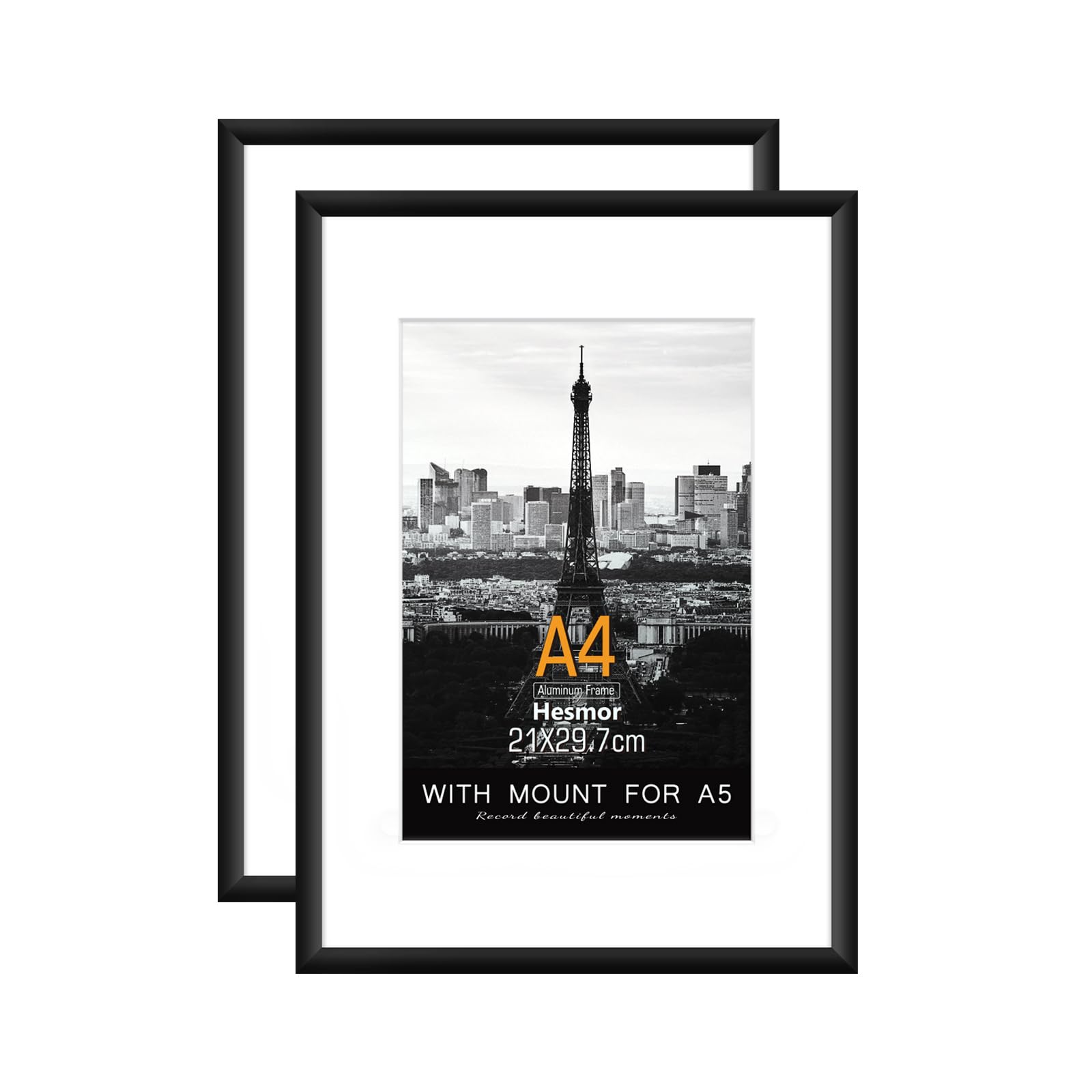 Hesmor A4 Picture Frames Aluminum Acrylic Black - 8 x 12 inch Certificate Frames, Set of 2 A4 Poster Frame with Mount for A5 Prints, Table Top and Wall Mounting Options