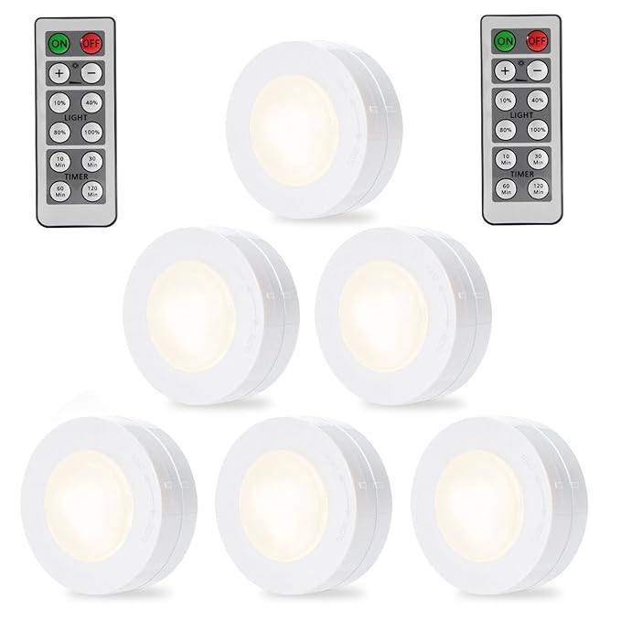 SOLLED Wireless LED Puck Lights, Kitchen Under Cabinet Lighting with Remote Control, Battery Powered Dimmable Closet Lights, 4000K Natural Light-6 Pack