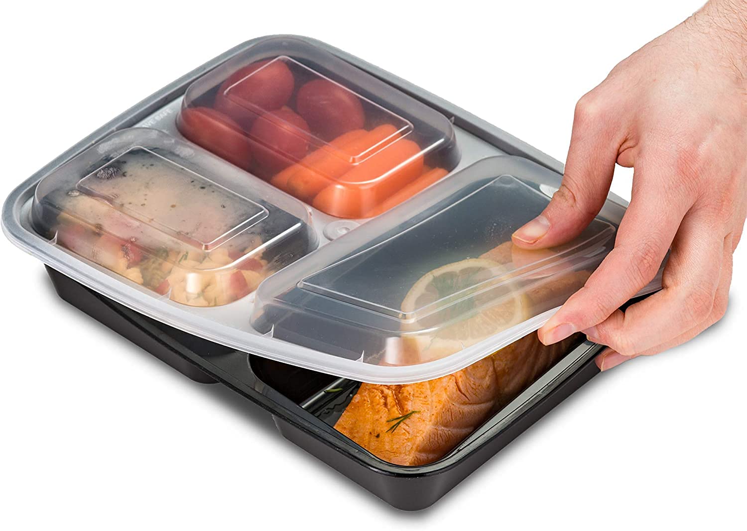 EZ Prepa 20 Pack 32oz 3 Compartment with Lid Food Storage Containers - Heavy Duty BPA Free Plastic Stackable Reusable Leak Proof Microwave Safe Dishwasher Safe