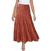 HAEOF Women's Summer Flowy Boho Maxi Skirt Trendy Smocked Waist Ruffle Tiered A Line Casual Beach Long Skirts Midi Dress