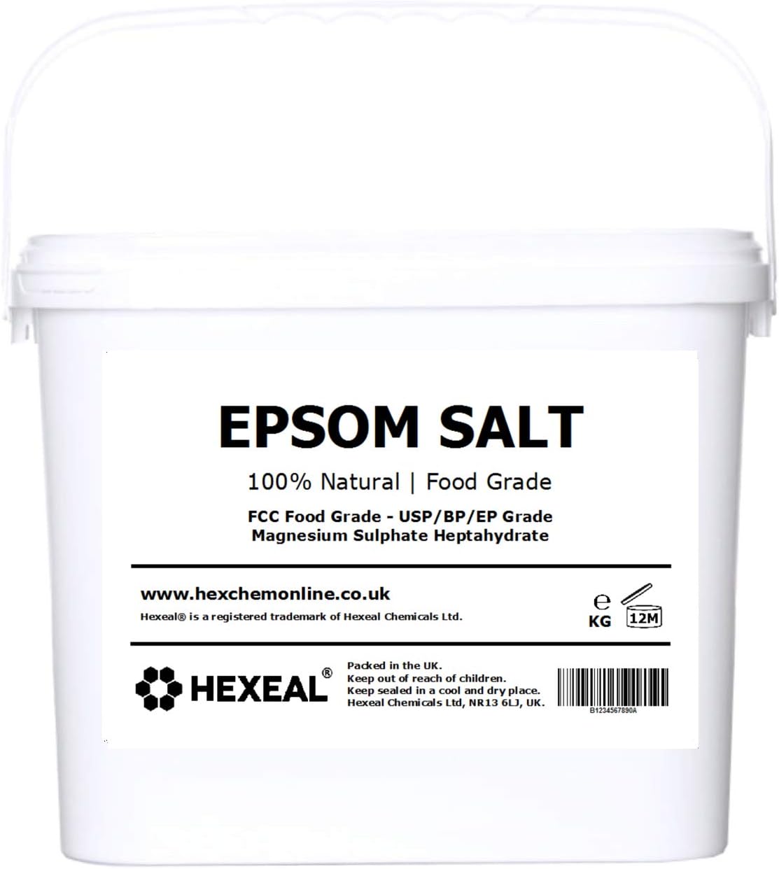 Hexeal EPSOM SALT | 3KG SQUARE BUCKET | 100% Natural | FCC Food Grade | Magnesium Sulphate