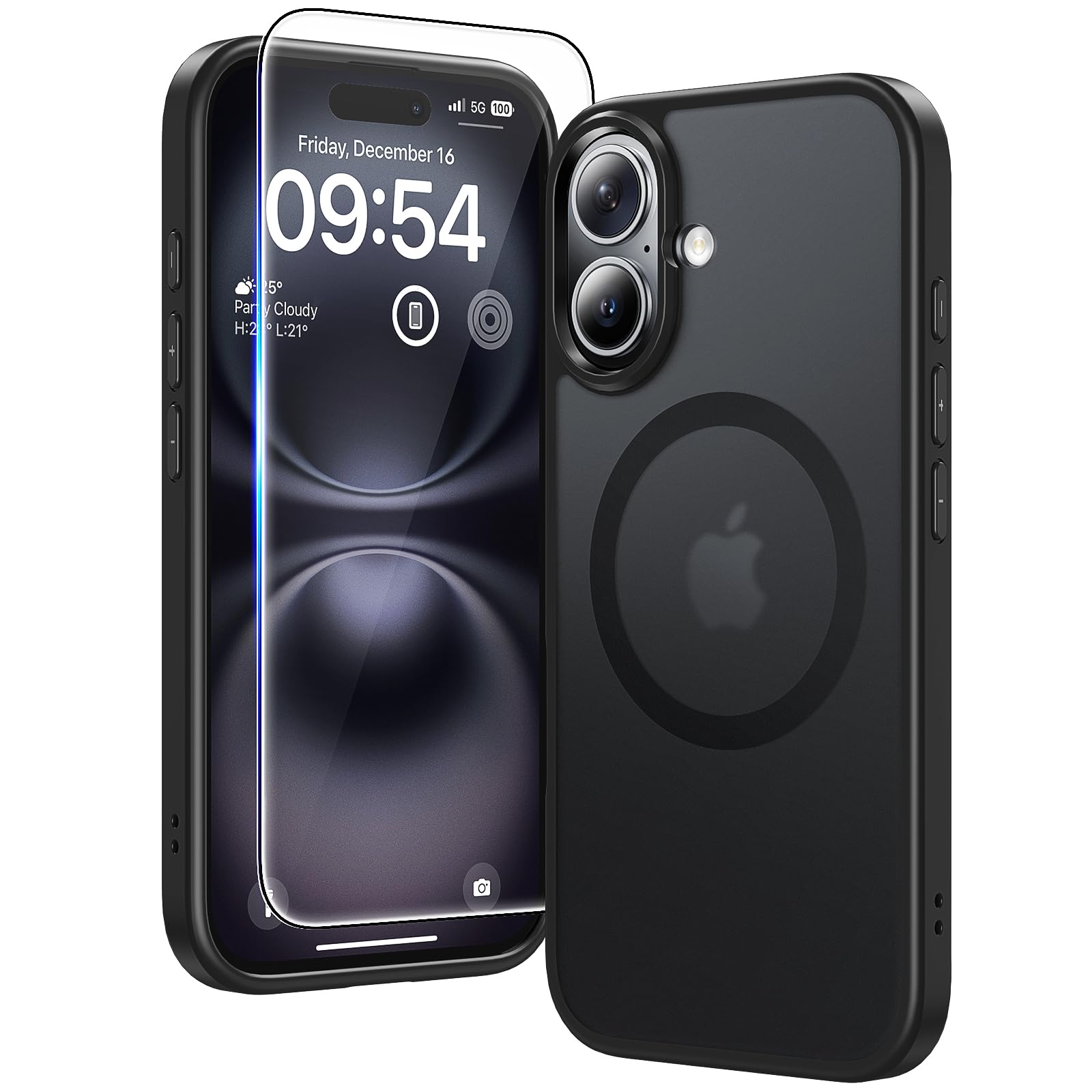 TAURI Magnetic for iPhone 16 Case with HD Screen Protector, [Not-Yellowing] [Compatible with MagSafe] Shockproof Phone Case 6.1 Inch - Matte Black