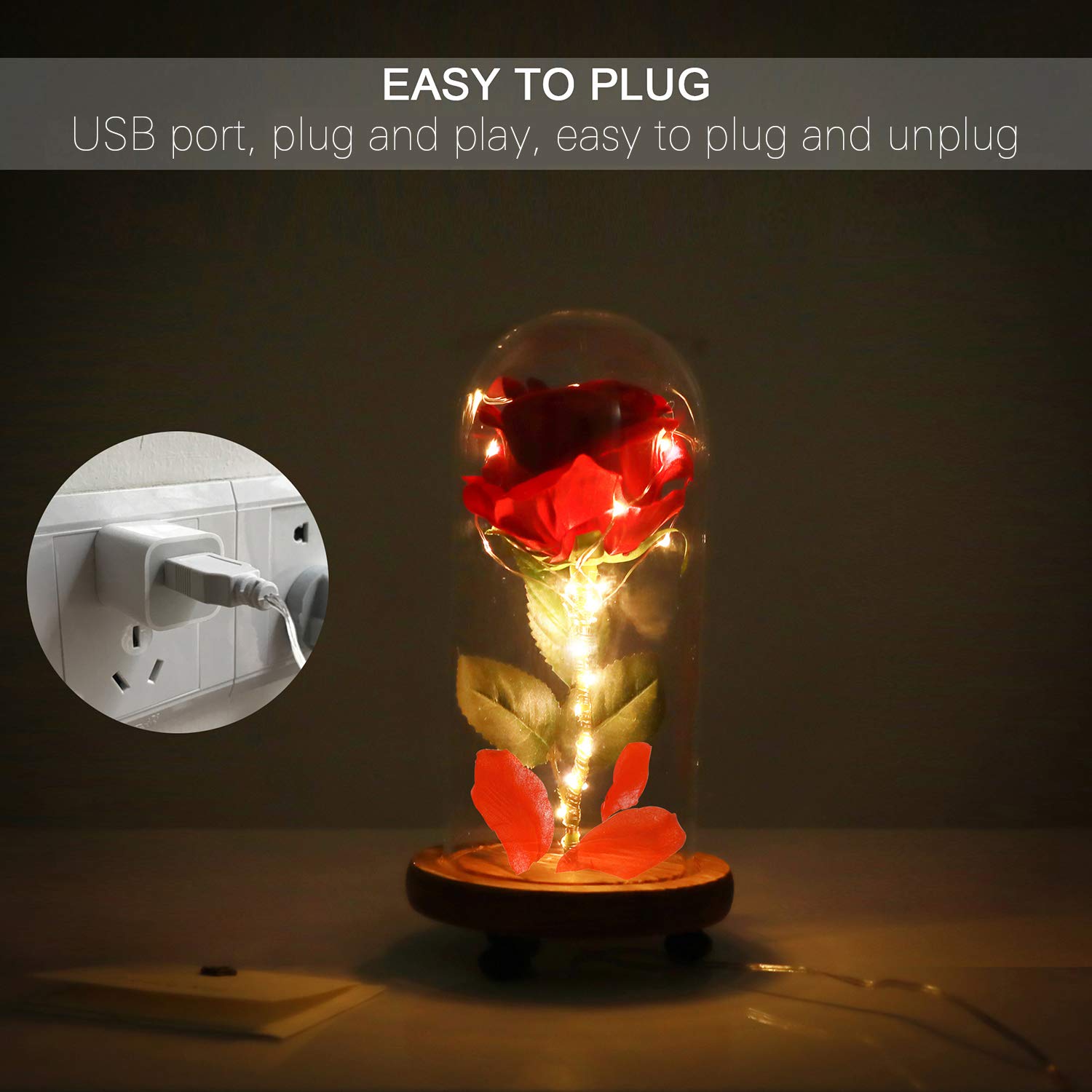 Beauty and The Beast Rose, Enchanted Red Silk Rose and LED Light with Fallen Petals in Glass Dome on a Wooden Base, Gift for Her - Holiday Birthday Party Wedding Anniversary Valentine\'s Day