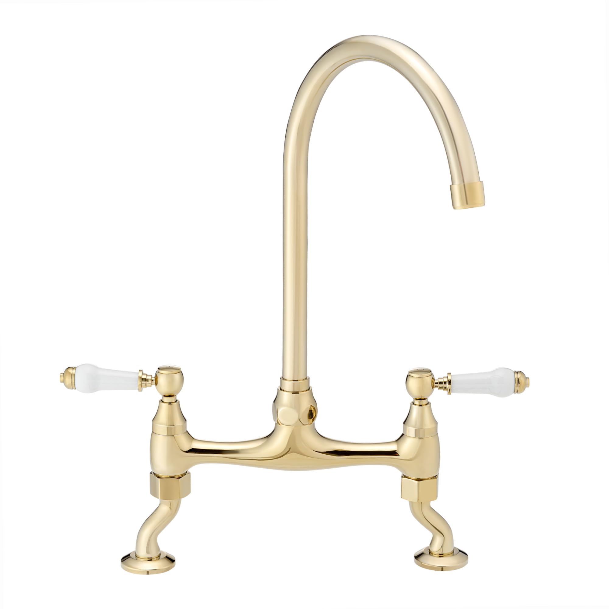 ENKI, Astbury, KT101, Deck Mounted Polished Gold, Kitchen Sink Mixer Tap, Featuring a Swivel Swan Neck Spout and Quarter Turn Ceramic Levers, Solid Brass Construction, Traditional Design