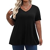 Tencede Womens Plus Size Tops Short Sleeve Tunic Shirts V Neck Summer Floral Loose Fit Blouse XL-5X