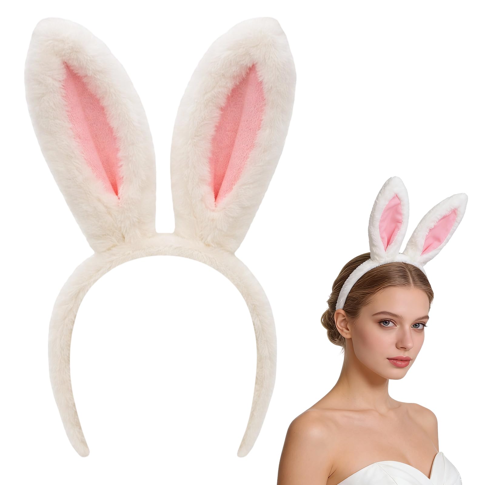 JORcadis Bunny Ears Headband, White Rabbit Ears for Cosplay and Themed Events, Fancy Dress Costume Accessory for Easter and Halloween Parties, Adjustable Headwear for Festivals