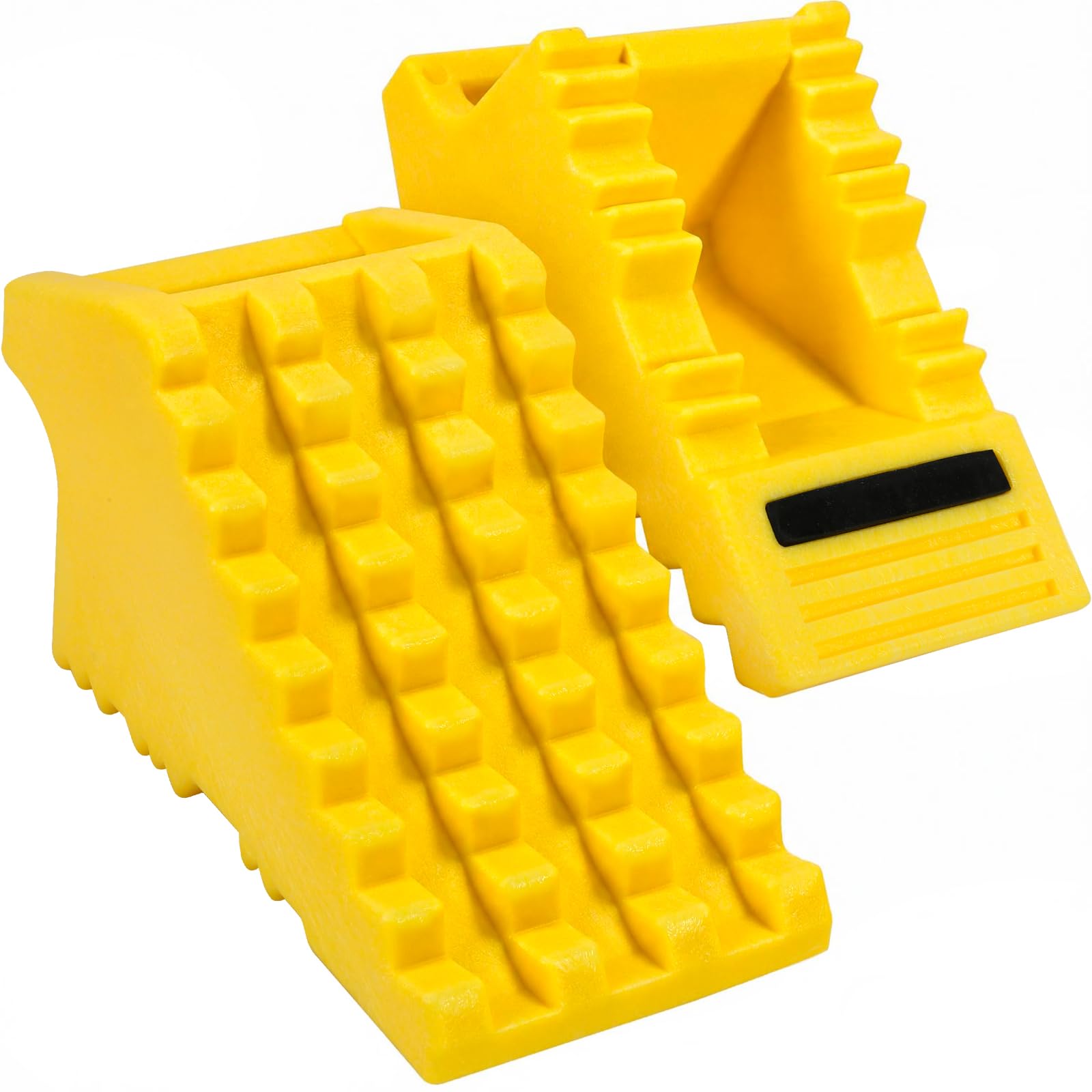 MaxxHaul High Visibility Poly Foam Wheel Chock 2-Pack | 8" x 4" x 4" Lightweight Tire Stop | Slip-Resistant Rubber Base | Built-in Handle | Safety Yellow (50503)