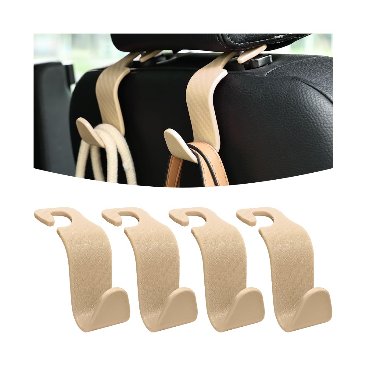 Photo 1 of Osilly Car Seat Headrest Hook, 4 Pack Auto Seat Hanger Storage Organizer for Purse Handbag Coats Grocery Bags, Car Interior Accessories, Universal Vehicle Backseat Plastic Hanging Hook (Beige)