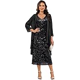 Skbue Sequin Lace 2 Piece Mother of Bride Dresses for Women Tea Length Chiffon Petite Formal Wedding Guest Dress with Jacket