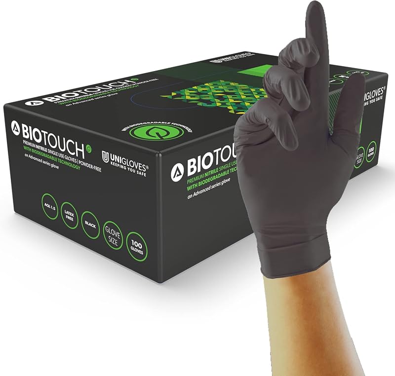 Unigloves BioTouch Nitrile Gloves Biodegradable Large Black Box 100