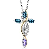 Cross Necklace For Women In 925 Silver and 10K Yellow Gold Lab Grown Diamond and London Blue Topaz and Tanzanite | 1.49 Cttw | Jesus Christian Religious Crucifix | Marquise Cut 8X4MM | 18 Inch Chain