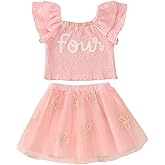 SOFEON Toddler Girl Birthday Outfit Flower Embroidery Ruffle Tank Top Tutu Skirt 2-7T Birthday Party Flower Tulle Skirt Set
