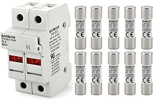 Baomain RT18-32 Fuse Holder Base with 10x20A Ceramic Fuses (10x38mm) – 2 Pole DIN Rail Mount, LED Indicator, CE Certified (20 Amp)