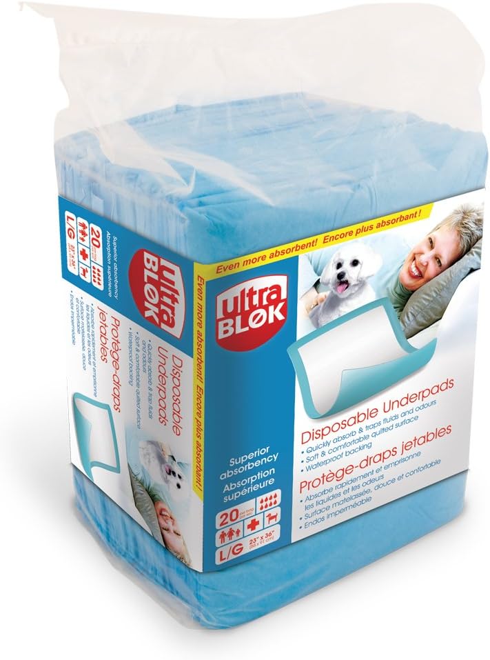 UltraBlok Disposable Incontinence Underpads for Bed + Furniture, White/Blue, Large 23" x 36", 20 CT: Health & Personal Care