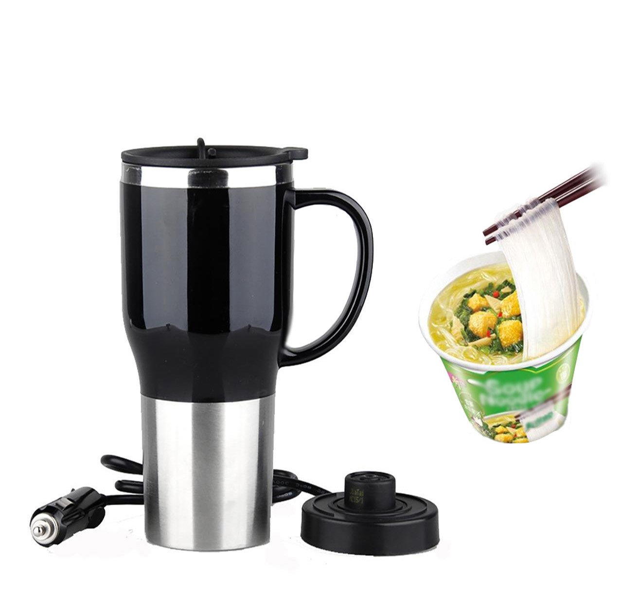 Mengshen Car Electric Mug- Stainless steel Portable Cigarette Lighter Outdoor Students Hot Water Coffee Cup Double Layer 12 Volt 450ML 50W, CA107 Black