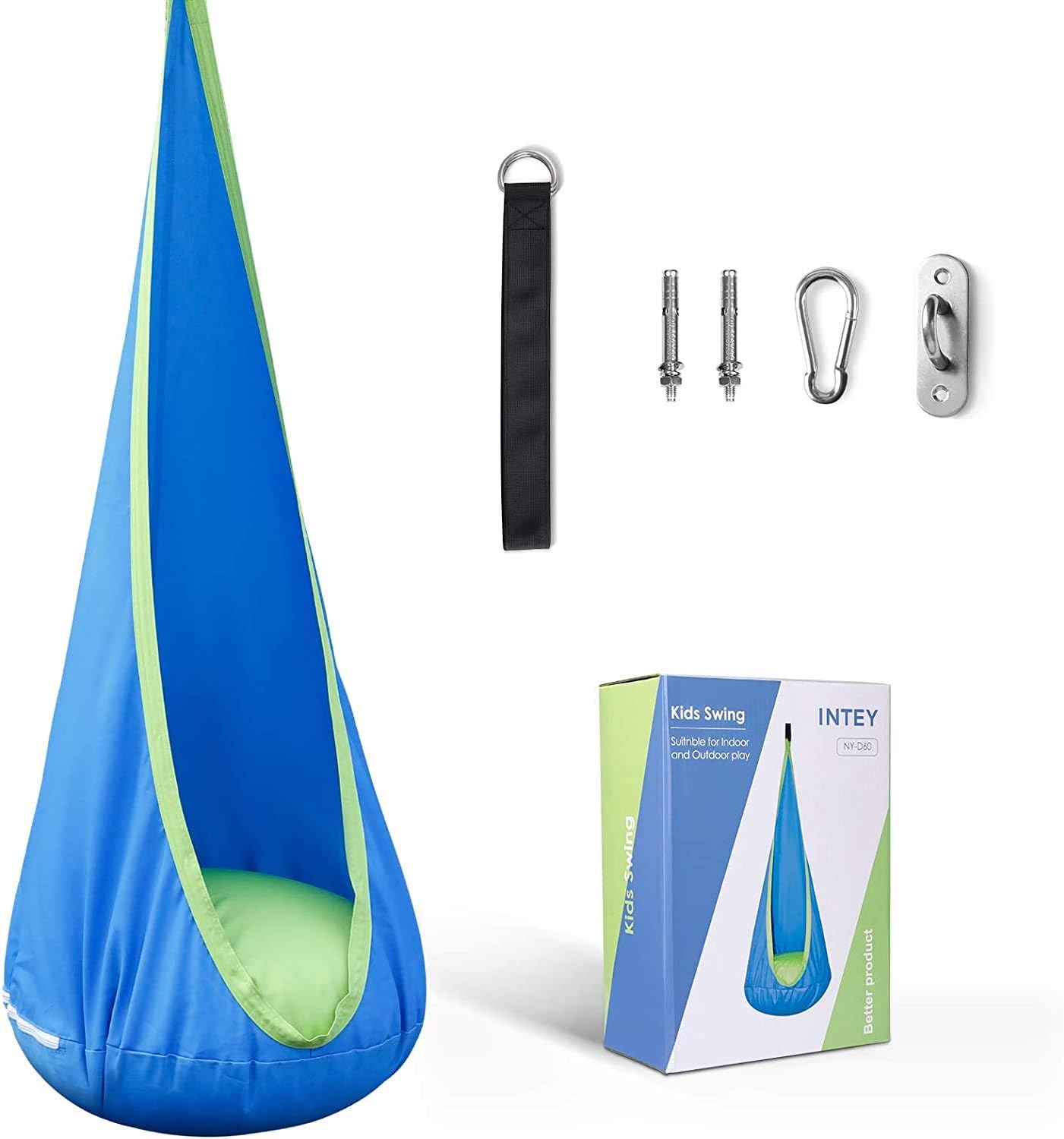 INTEY Hängehöhle Kinder Hängesessel mit Haken und Hängende Seile, Hängesack als Kuschelhöhle oder Turngerät für Kinder, Blau/Grün