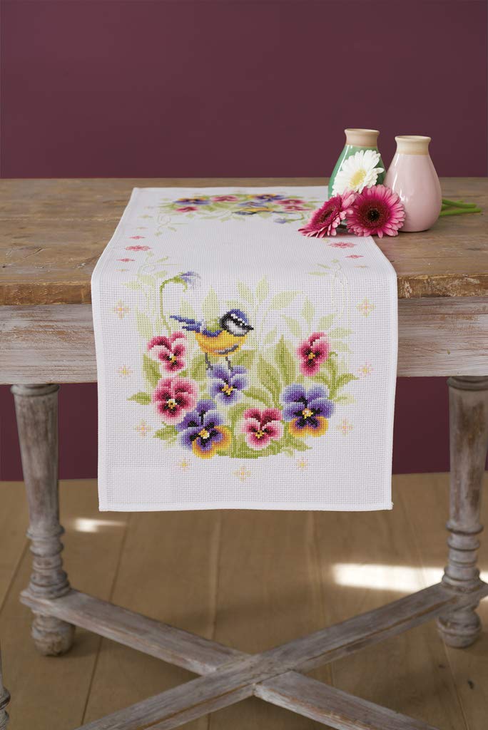 Vervaco Runner: Birds & Violets, Polyester Cotton, Multi-Colour, 40 x 2 x 20 cm