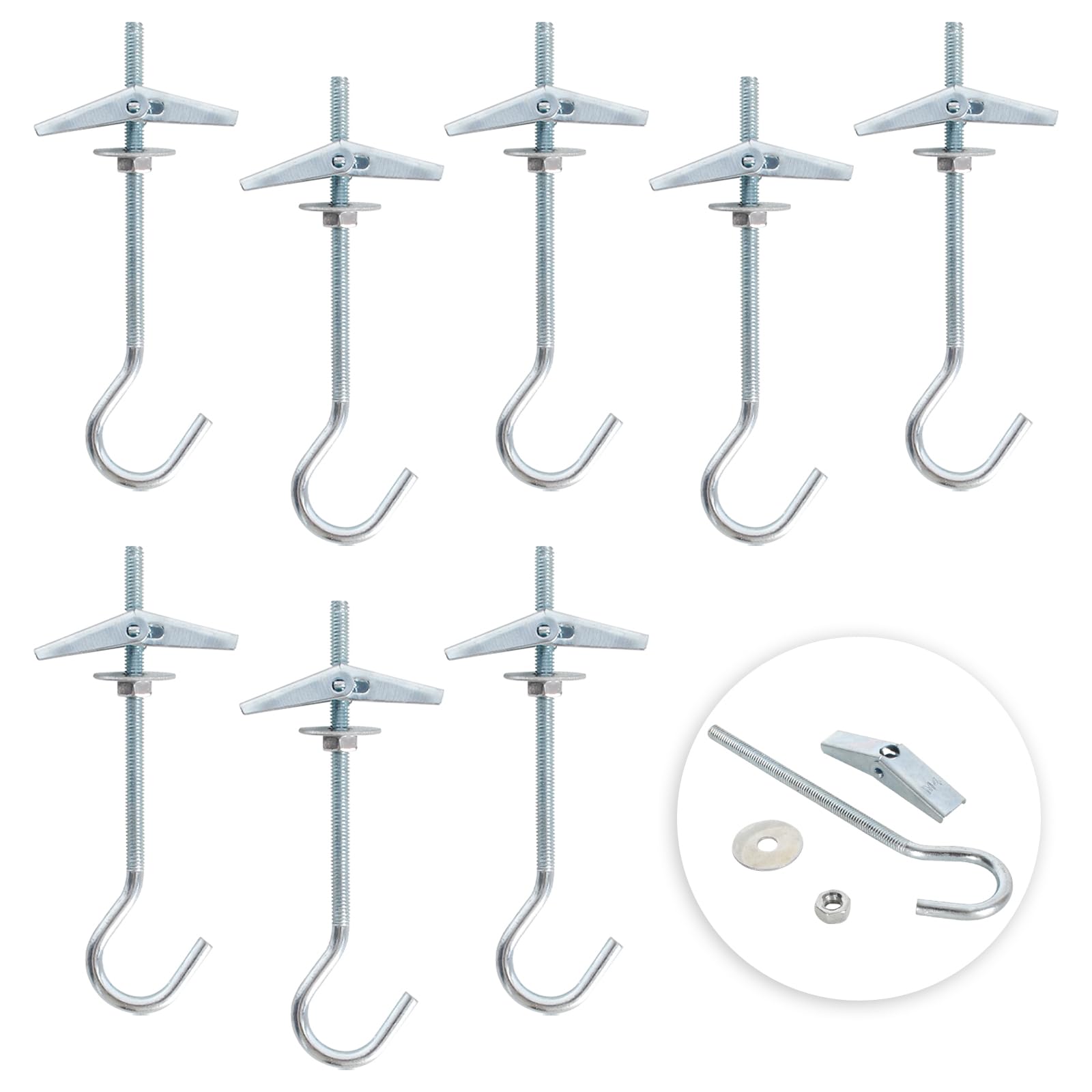 8Pcs Wing Spring Toggle Hook, Ceiling Hooks Plasterboard, Carbon Steel Mount Hook Fixing Anchors Bolts with Threaded Hooks for Drywall Cavity Hollow Wall Board Plank Hanging Plants Lights (M4 x 90 mm)
