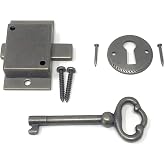 Metal Magery Small Antique Brass Flush Mount Lock for Curio Cabinet Doors or Dresser Drawers &amp; Skeleton Key