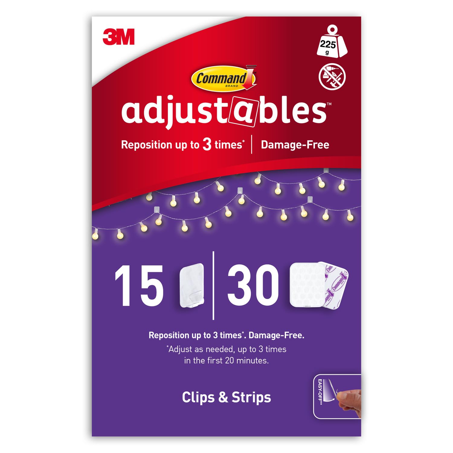 Command Adjustables Repositionable Clips, Pack of 15 Clips and 30 Strips, Transparent - Hanging Decorations and Fairy Lights Indoors, Damage Free Hanging