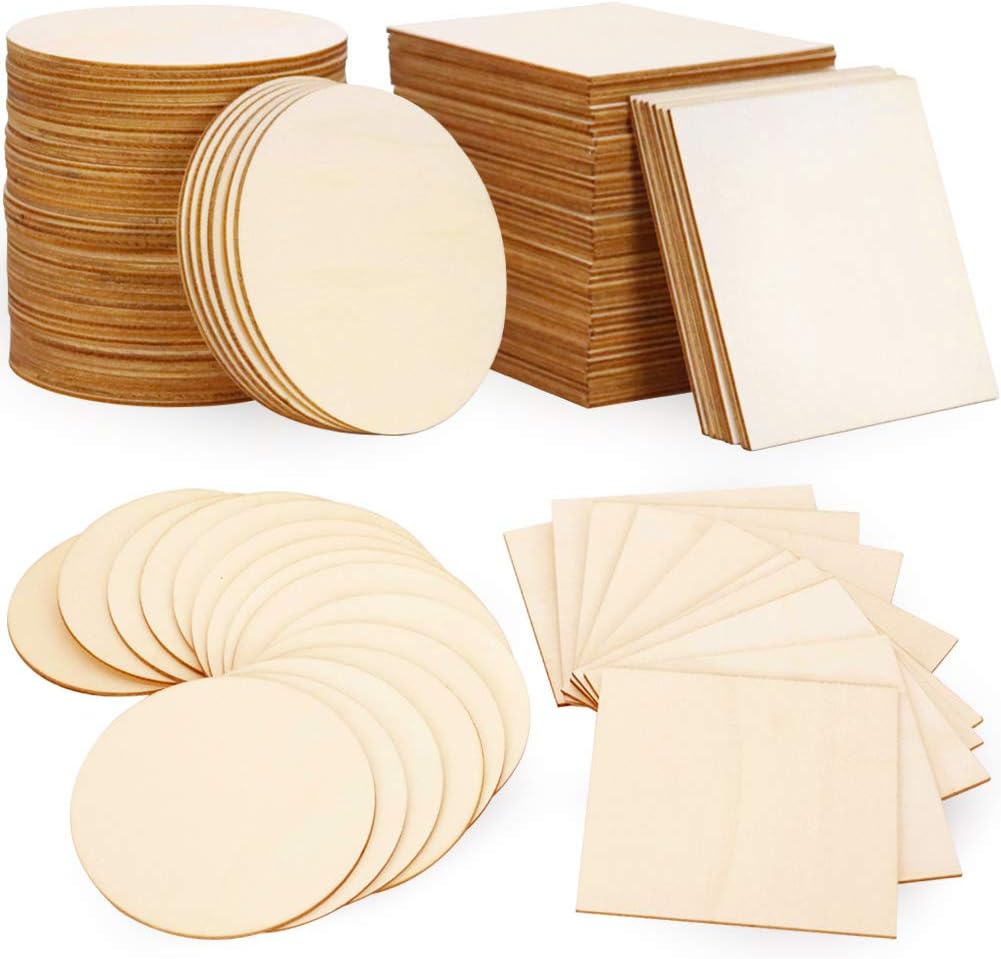 Wood Slices 100 Pcs of Unfinished Wood Chips 4x4 inch Blank Wood Chips for Handicrafts Home Decoration Wooden Coasters and DIY Crafts 50 Pcs Wood Squares and 50 Pcs Wood Circles