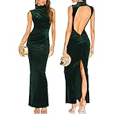 Capuffy Women Backless Velvet Maxi Dress Back Slit Ruched Bodycon Formal Dress High Neck Cocktail Party Dress 091