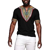 Makkrom Mens African Dashiki T Shirt Tribal Floral Print V Neck Slim Fit Shirts Tops