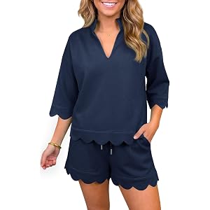 Fisoew Women 2 Piece Shorts Sets 3/4 Sleeve Sweatshirts Casual Lounge Sets | V Neck, Scalloped Hem, Collard, Drawstring Waist