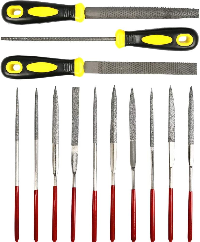 YANSHON Mini Needle Files and Rasps Set - 10 Different Size Hardened Needle Files + 3 Rasps File Tools with Rubber Handle - Small Wood Files and Rasps Set for Metal, Diamond, Jewellery, Wood, Plastic