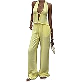 SweatyRocks Women's 2 Piece Summer Outfits Deep V Neck Halter Top and Matching Pants Sets