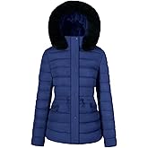 BodiLove Women's Winter Quilted Puffer Long Coat Jacket Plus Size with Removable Faux Fur Hood and Zipper Navy 1X