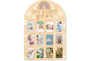 ORIGACH My First Year Baby Growth Photo Display Wood Board - 12 Months Newborn Milestones Picture Frame - Neutral Baby 1st Bi