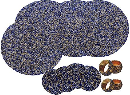 DakshCraftBlue & Golden Beaded Placemat/Tablemat(Dia - 12") with Tea Cup Coaster(Dia - 4") and Napkin Rings, Set of 4, Decorative Item, Gifts Purpose & Dining Accessories