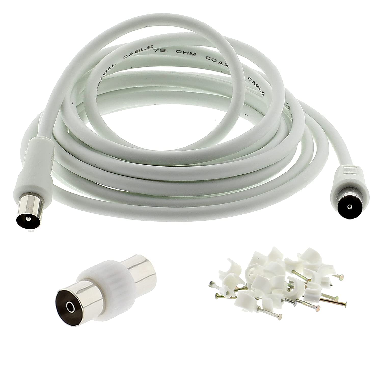 3C2V TV Coaxial Cable 2.5M - Nickel Plated RF Coax Extension Lead for Freesat, Aerial Socket, Freeview, Sat,DVD,VCR,SKY, Smart U-HD TV, Virgin, BT, Antenna Box, Y Splitter, Signal Booster 2.5 Meter