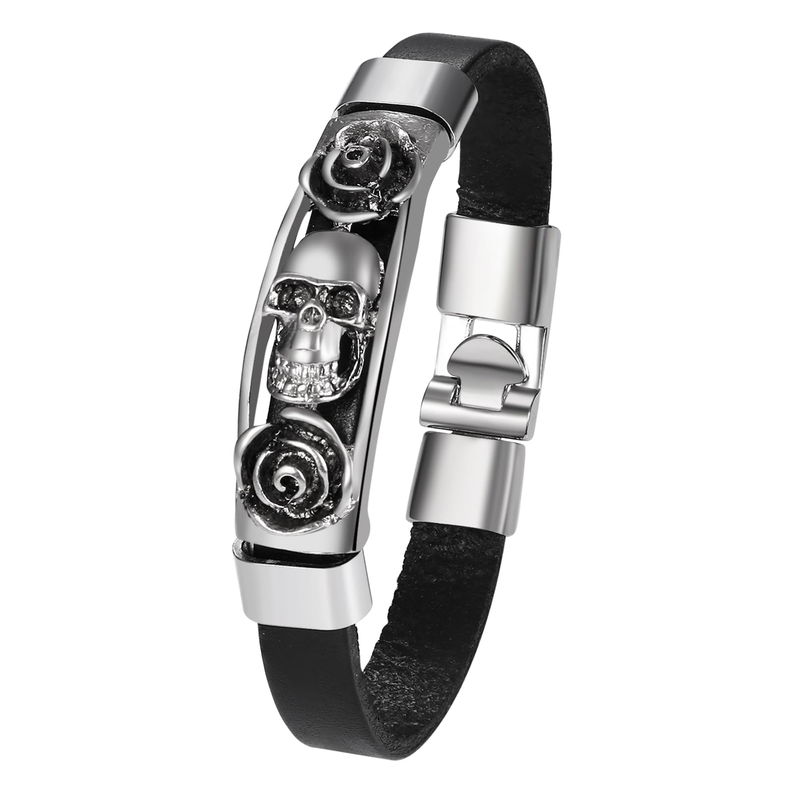 JewelryWe Skull Rose Leather Bracelet: Mens Womens Halloween Vintage Gothic Punk Viking Boys Chain Bangle Cuff