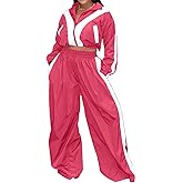Women Striped 2 Piece Outfits Fall Workout Sets Windbreaker Tracksuit Crop Jacket Wide Leg Pants with Pockets
