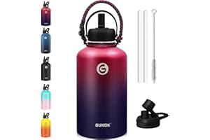 GUKOK 64 Oz Insulated Water Bottle With Straw & Paracord Handles & 2 Lids, Leak Proof Metal Water Jug, Hot Cold Stainless Steel Thermal Water Bottles, Half Gallon Large Water Flask for Sports, Gym