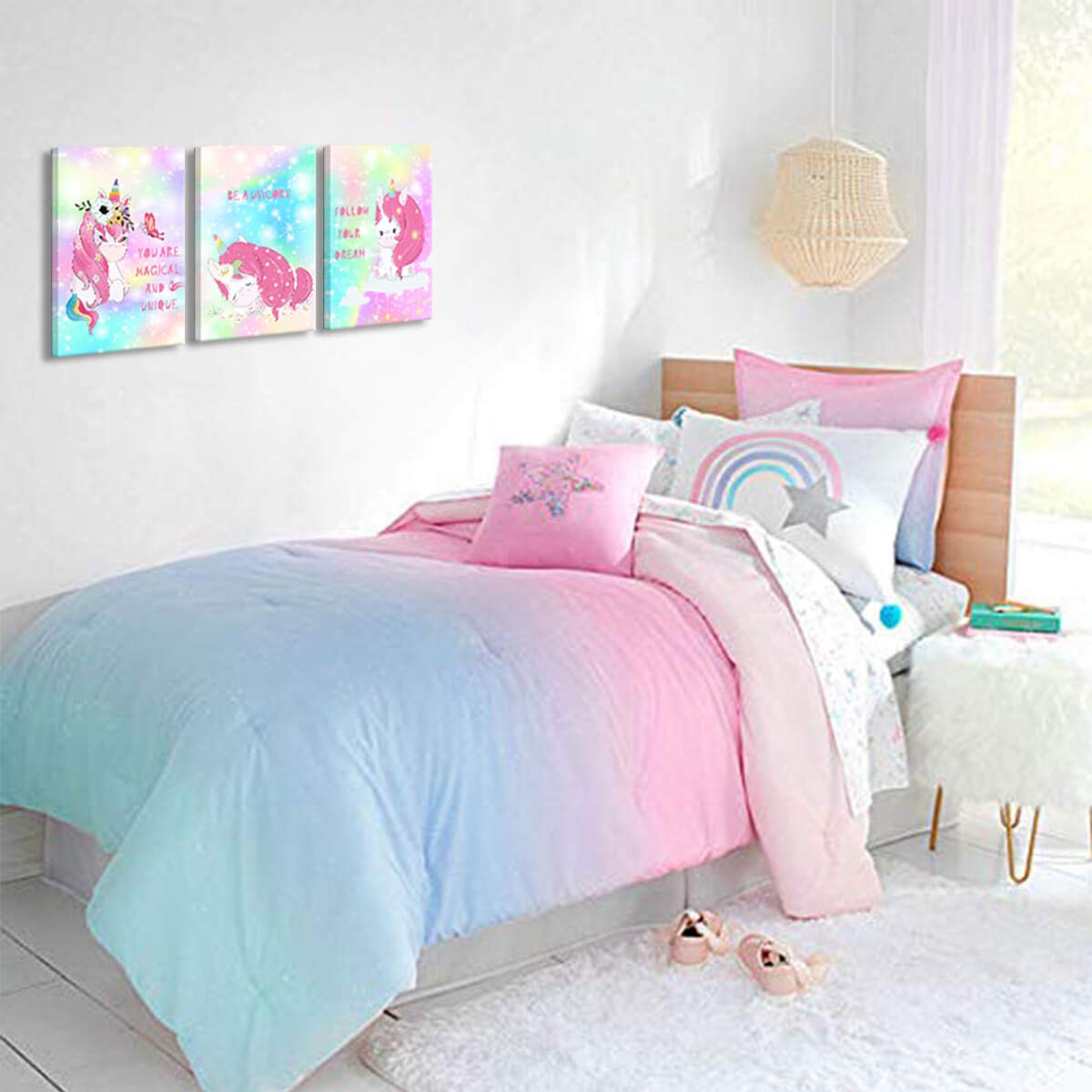Unicorn Room Decor For Girls Bedroom Rainbow Wall Art Cute Wall Decor Kids Inspirational Wall Art For Bedroom Print Quotes Pink Canvas Art Wall Pictures Baby Girl Nursery Decor Artwork For Girls unicorn room decor for girls bedroom