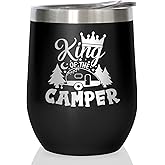 Joyloce King of The Camper Wine Tumbler, Outdoor Camping Gifts Coffee Mug Cup, Camp Wine Glass Stemless Tumblers with Lid Stainless Steel Insulated Vacuum, RV Gifts for Campsite Travel Camping 12 Oz