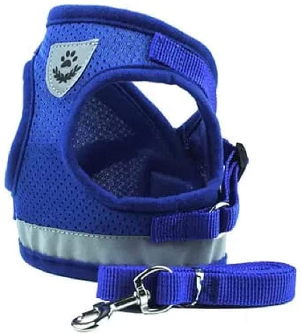 Soft Dog Cat Harness with Leash Adjustable Halter Harness No-pull Breathable Mesh Safety Outdoor Reflective Walking Leash Set (BLUE, XL)