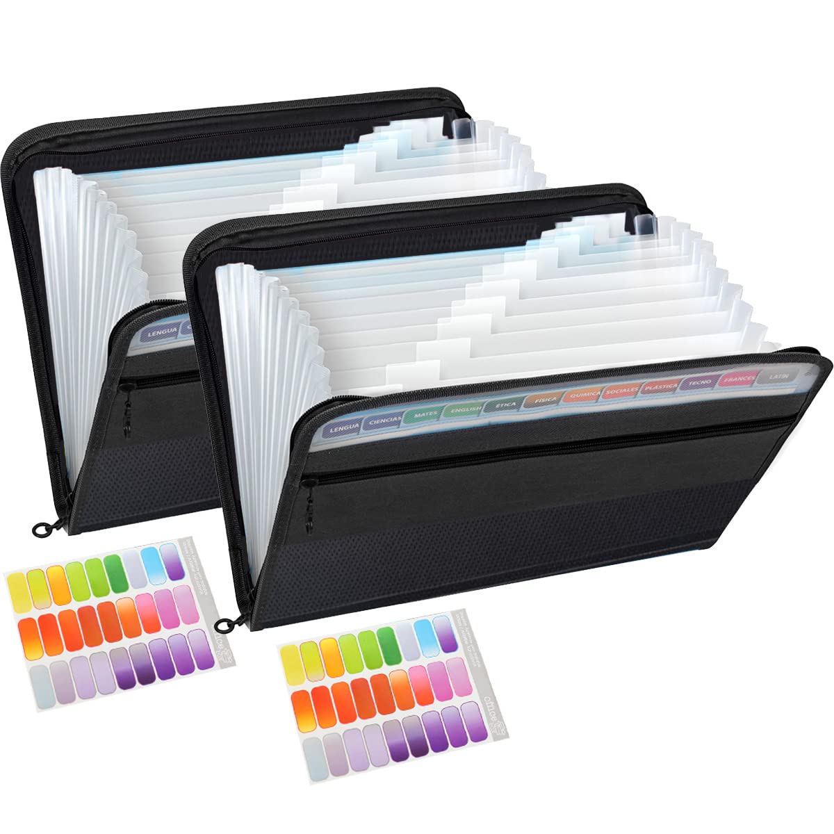 Pack of 2 TRANBO 13 Pockets Expanding File Folder with Zipper Closure, A4 Plastic Document Wallet Organiser with Handy Front Pocket (Black)