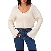 MakeMeChic Women's Cropped Sweater Winter Cream Sweater Knit V Neck Drop Shoulder Long Sleeve Crop Top