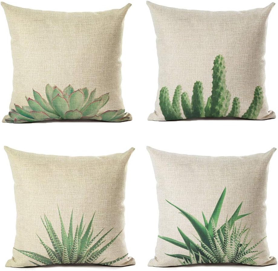 LYNKO Cushion Covers 45 x 45cm,Set of 4 Linen Pillow Covers Decorations Succulent Plants Summer Theme for Sofa, Outdoor Garden, Bed, Couch, Car(18"x18")