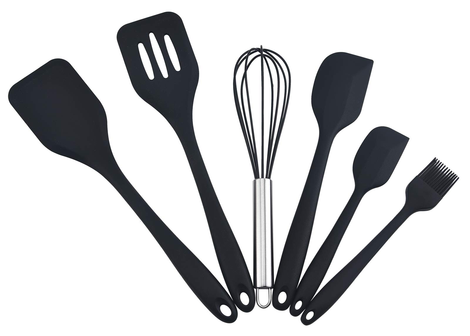 Gullor Silicone Kitchen Utensils Baking Tool Set, Cooking Spoon, Spatula, Whisk, Brush, Scraper, 6 Pieces in Set, Black